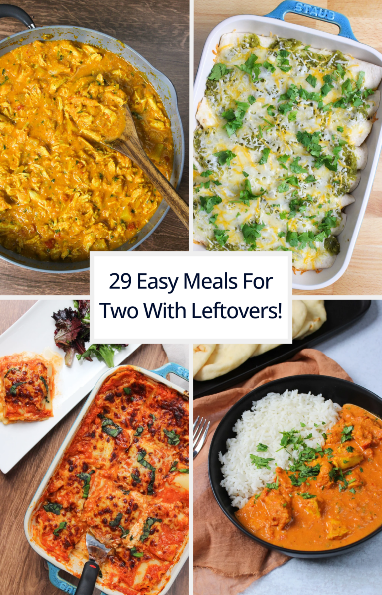 Easy dinners for two with leftovers recipe roundup title image depicting chicken pineapple curry, enchiladas, lasagna, and butter chicken.