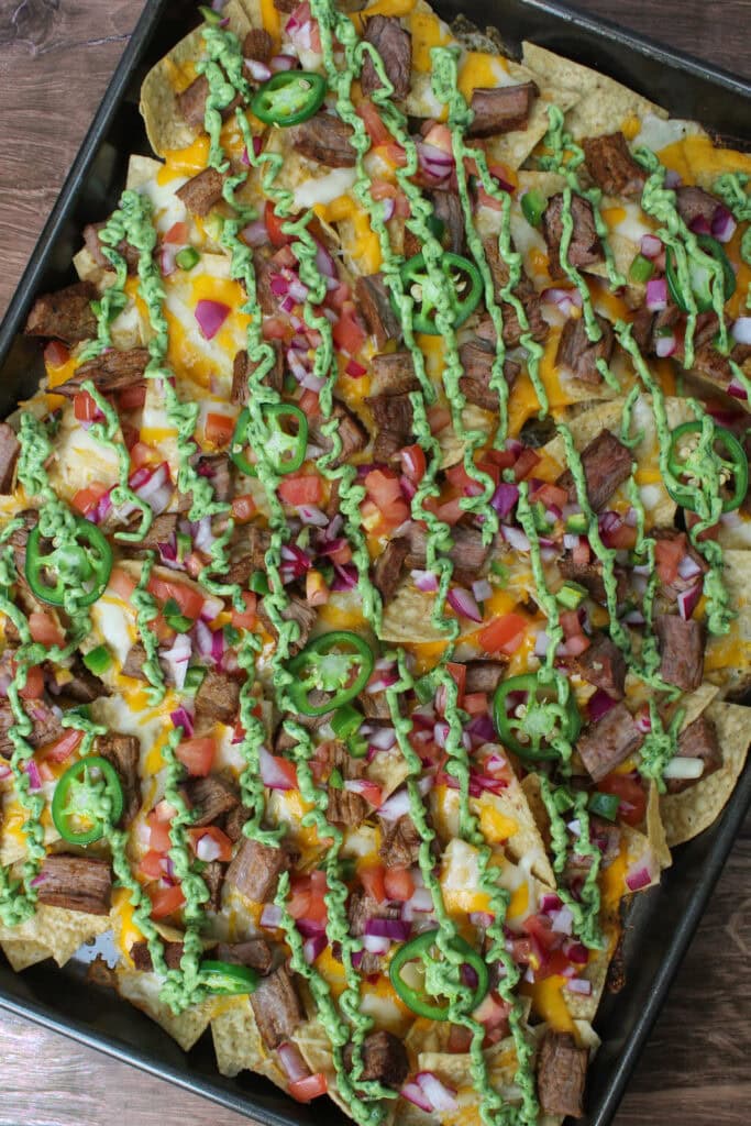 Sheet pan carne asada nachos.