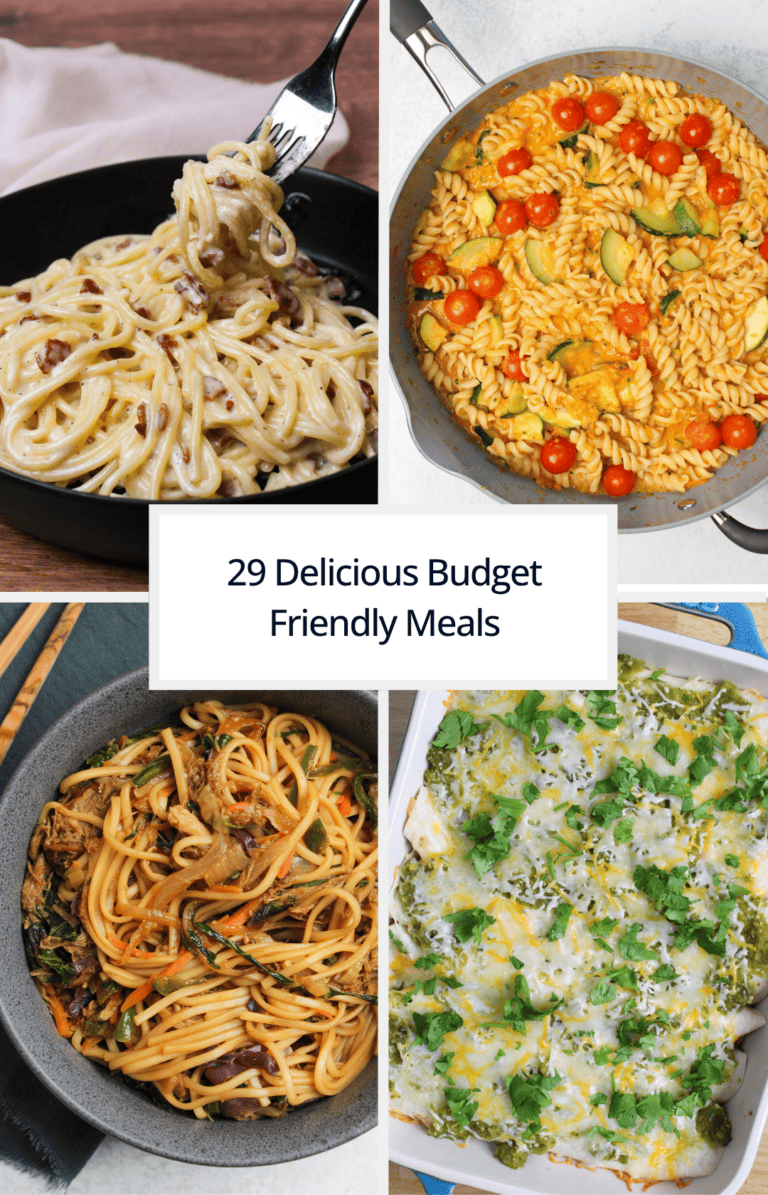 A cover image for 30 delicious budget friendly meals featuring carbonara, zucchini tomato pasta, pork enchiladas, and pork lo mein.