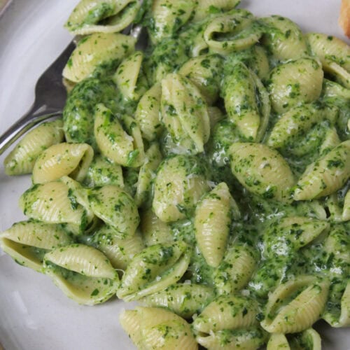 Cottage cheese pasta with spinach.
