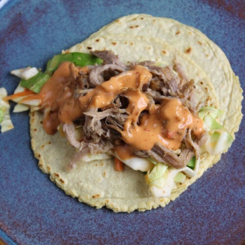 Pulled pork tacos with Hawaiian BBQ aioli.