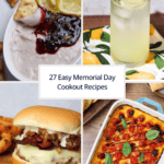 A memorial day recipe roundup cover photo showing whipped brie dip, rosemary vodka lemonade, a garlic aioli burger, and baked bruschetta dip.