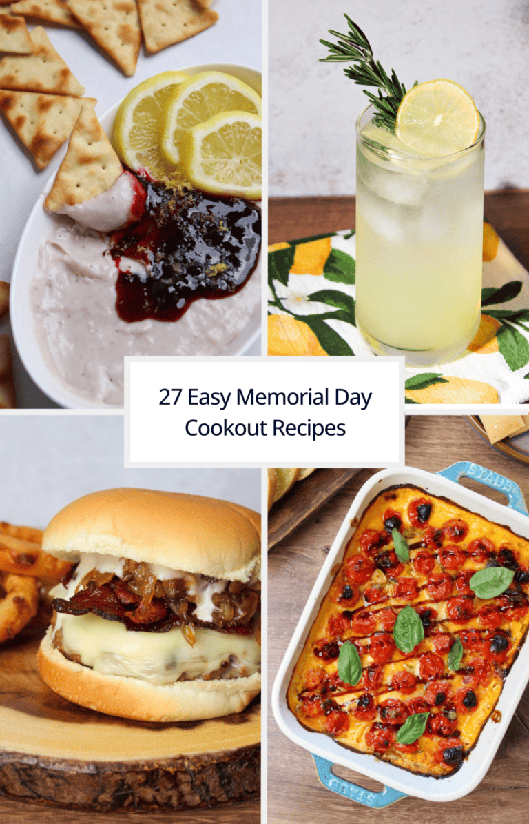A memorial day recipe roundup cover photo showing whipped brie dip, rosemary vodka lemonade, a garlic aioli burger, and baked bruschetta dip.