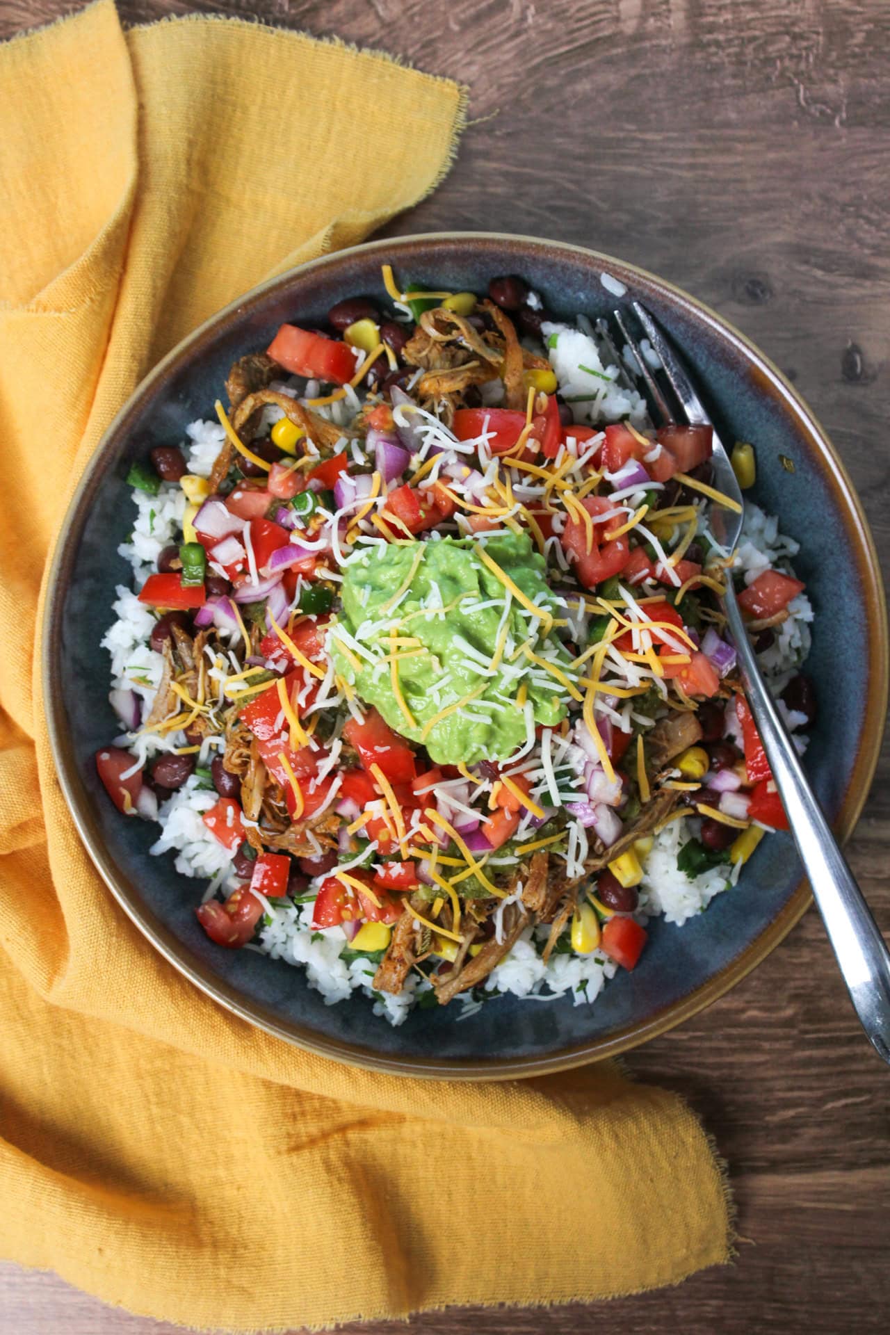 A carnitas burrito bowl.