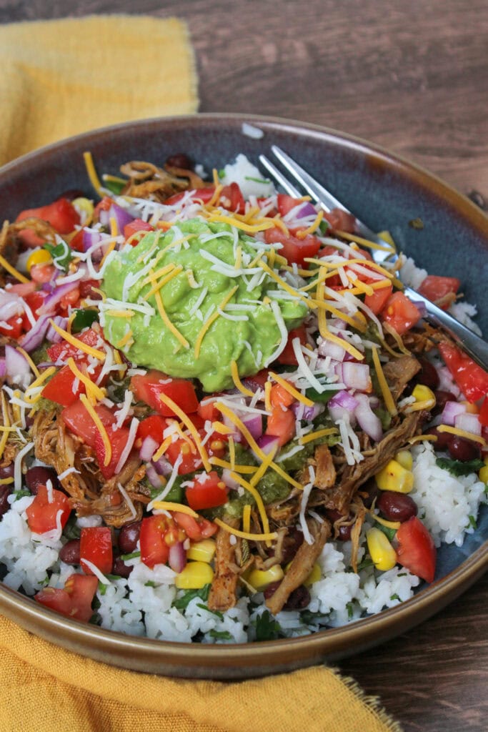 Carnitas bowl with avocado.