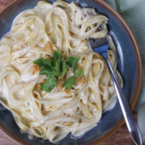 Cheesy fettuccine made with Alouette.