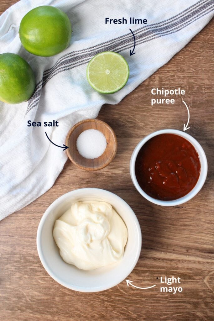 Ingredients for making chipotle mayo: light mayo, chipotle puree, fresh lime, and sea salt.