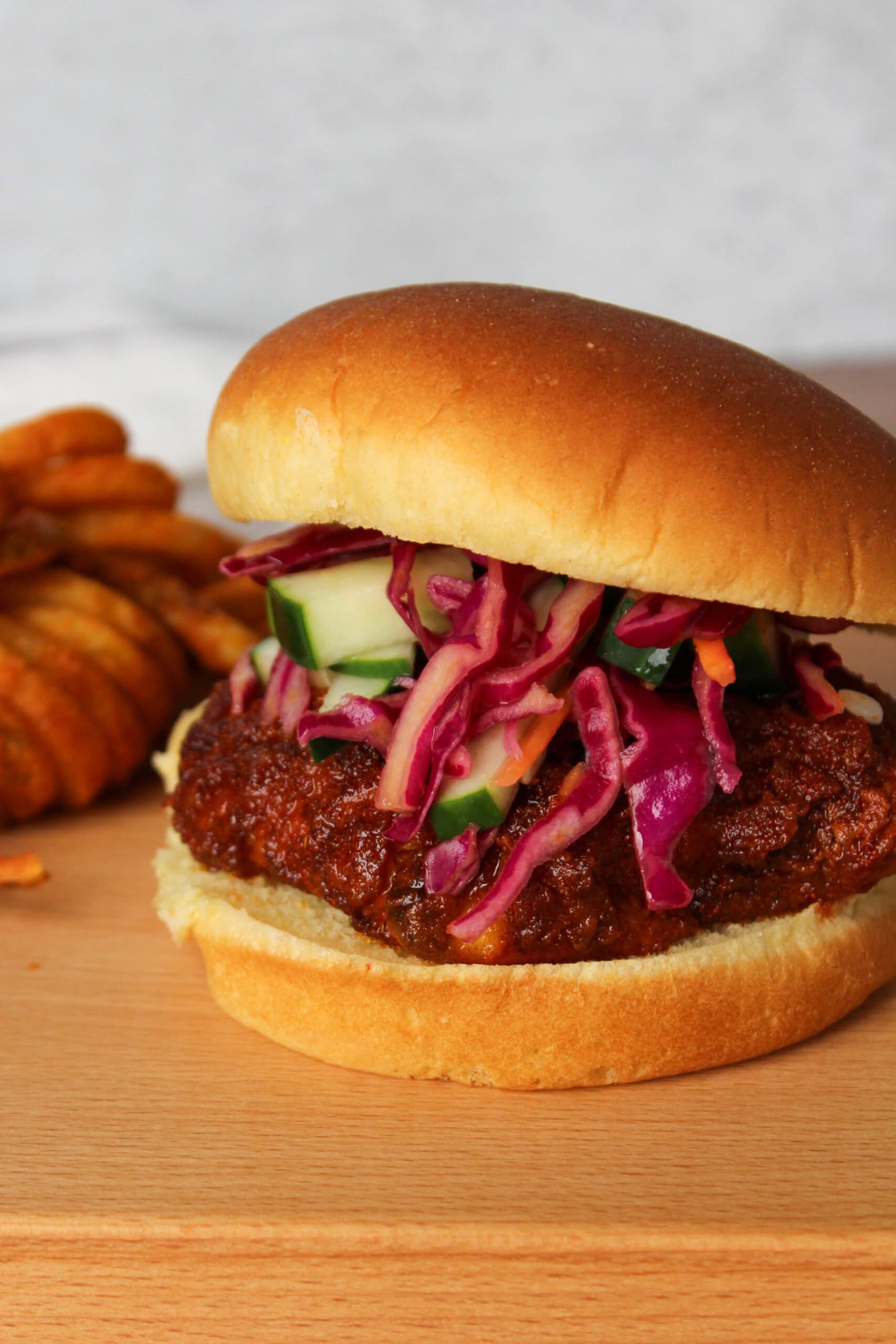 Nashville hot chicken sandwich with pickled slaw.