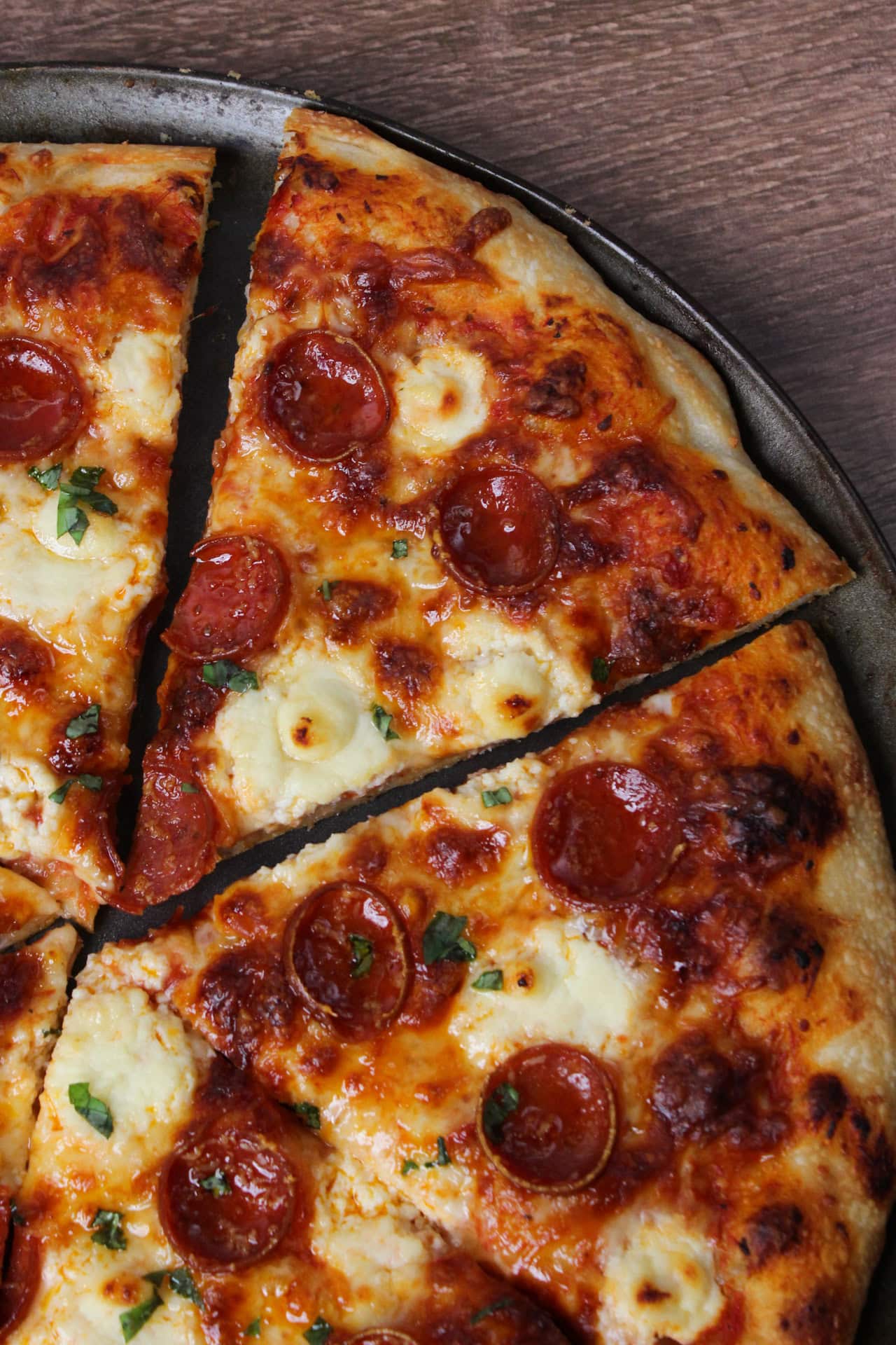 A ricotta pepperoni pizza.