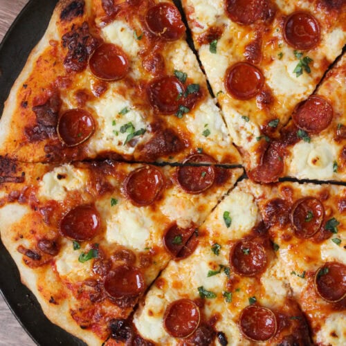 Pepperoni hot honey pizza with ricotta.
