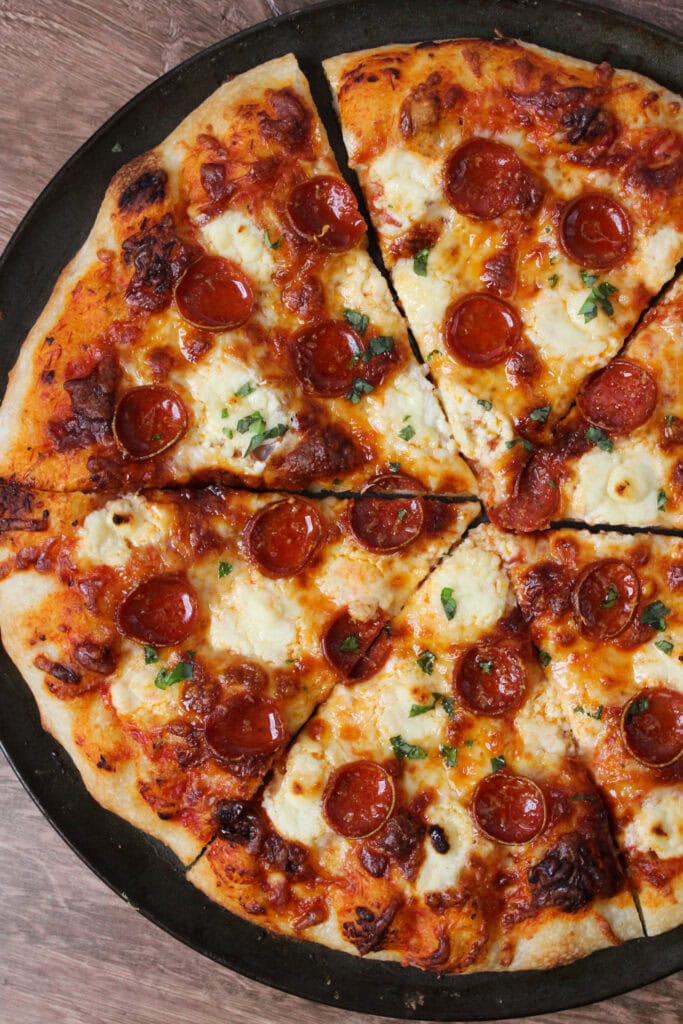 Pepperoni hot honey pizza with ricotta.