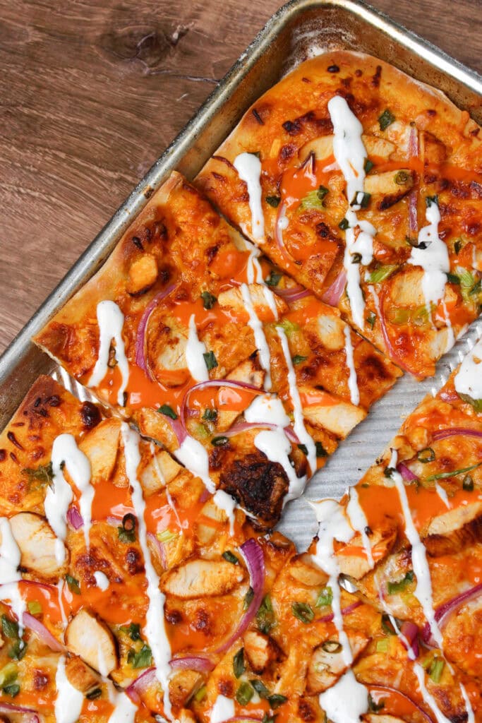 A buffalo chicken sheet pan pizza.