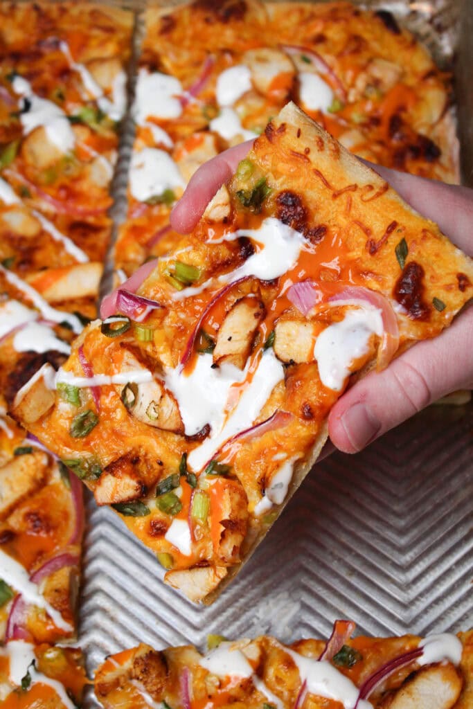Buffalo chicken pizza slice.