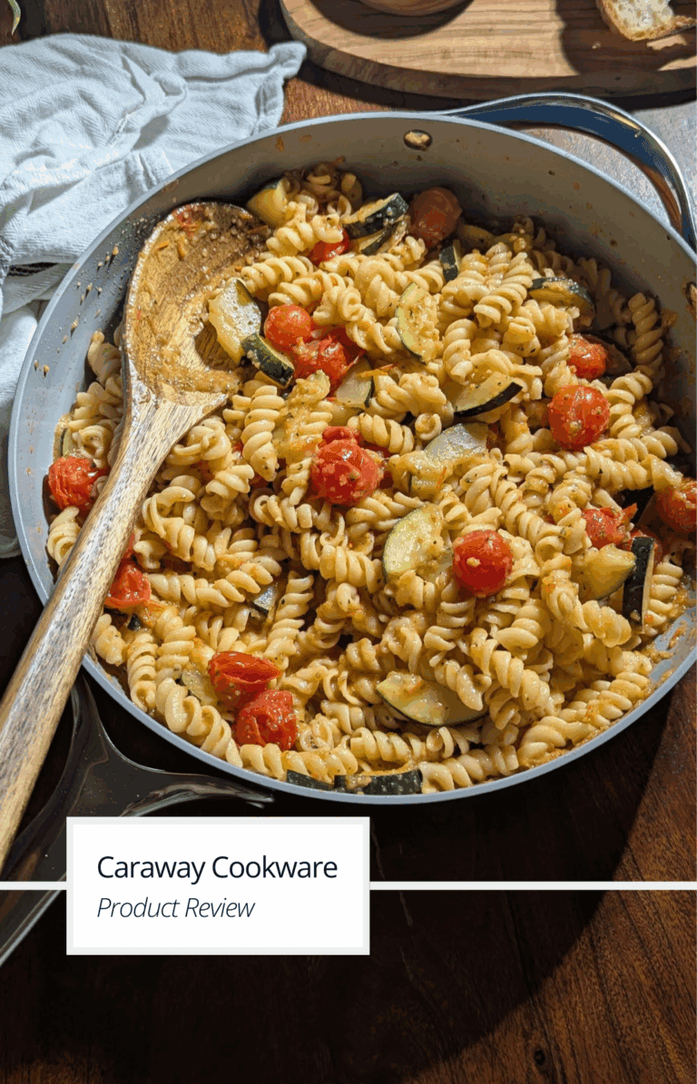 Cover image for a Caraway cookware product review, showing the saute pan with pasta in it.