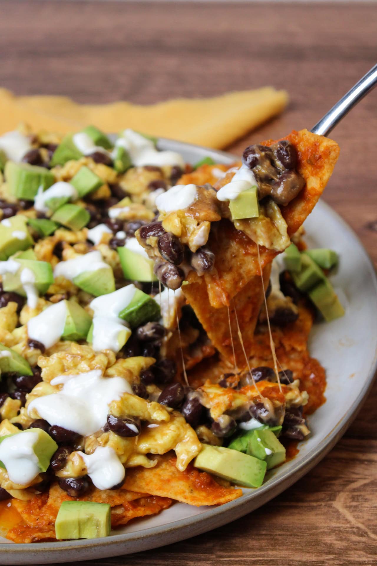 Red chilaquiles with eggs being scooped up with a fork. The recipe includes chips, black beans, ranchero sauce, eggs, avocado, and crema.                                                                                            