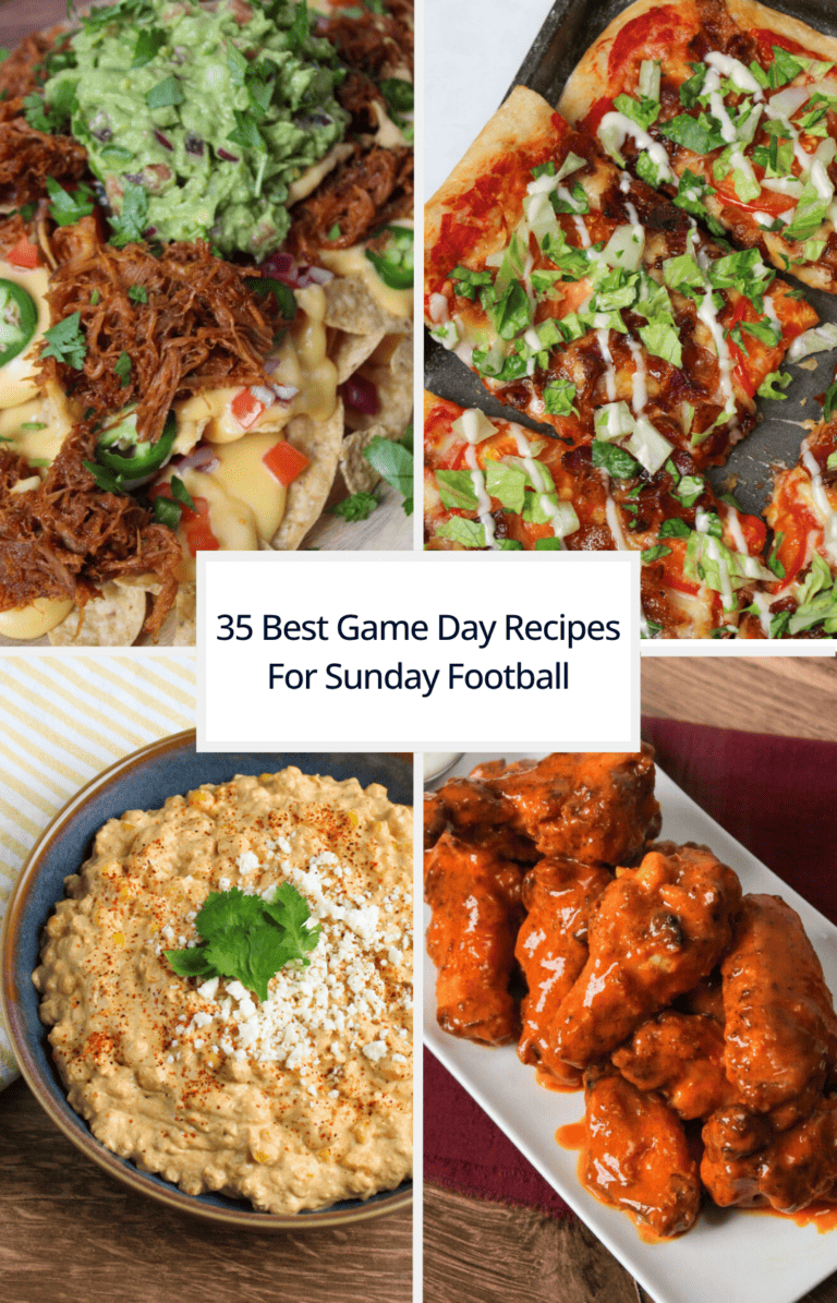 Title image for 35 best game day recipes roundup showing BBQ pulled pork nachos, BLT pizza, Mexican street corn dip, and air fryer buffalo wings.