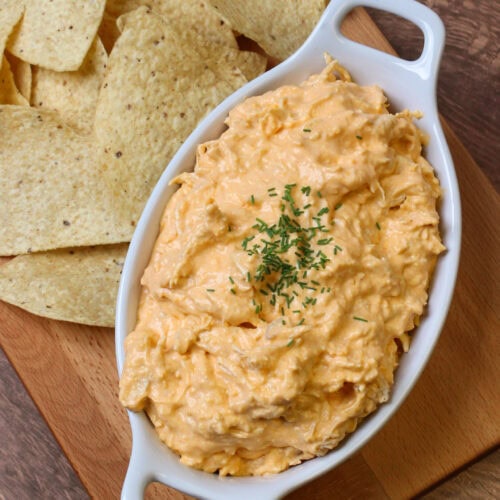 Cottage cheese buffalo chicken dip with tortilla chips.