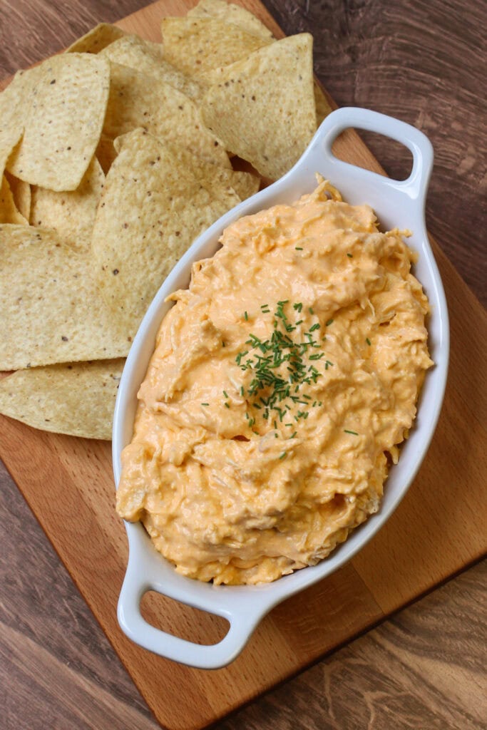 Cottage cheese buffalo chicken dip with tortilla chips.