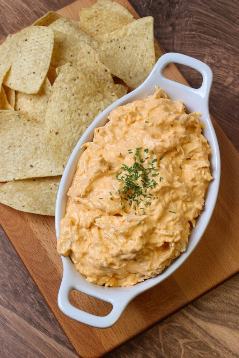 Cottage cheese buffalo chicken dip with tortilla chips.