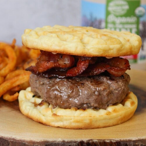 A maple bacon bourbon burger served on a waffle bun.