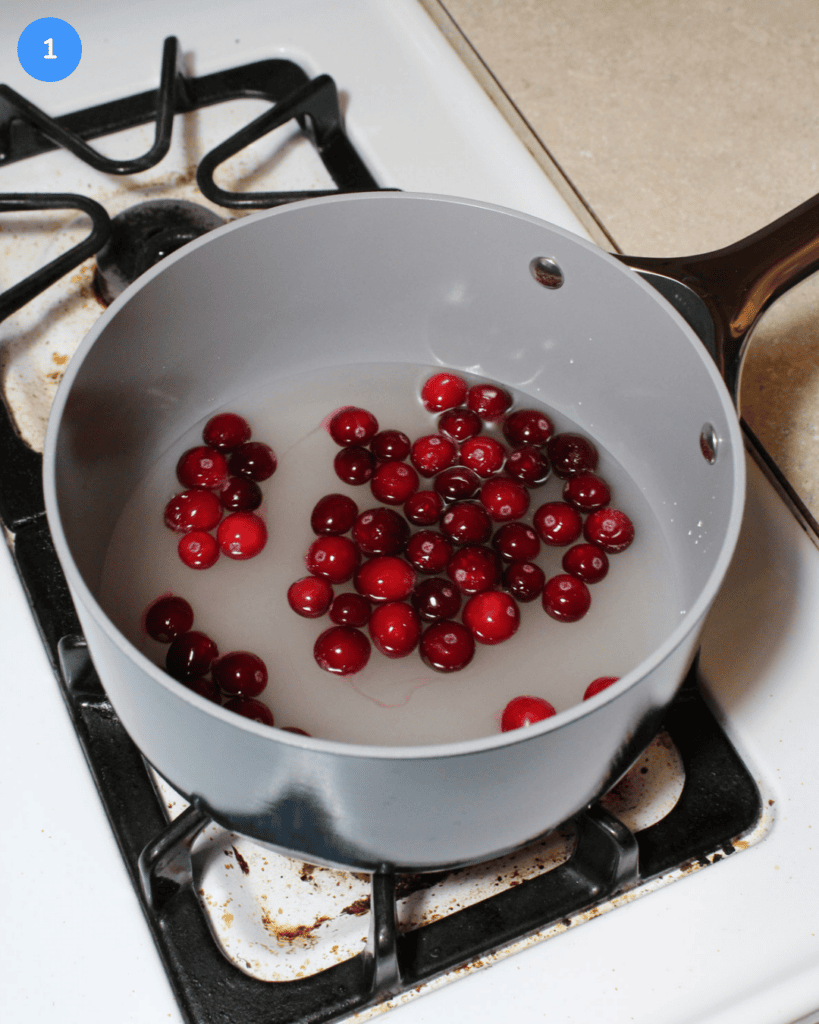 Water, sugar, and frozen cranberries in a pot on the stove.
