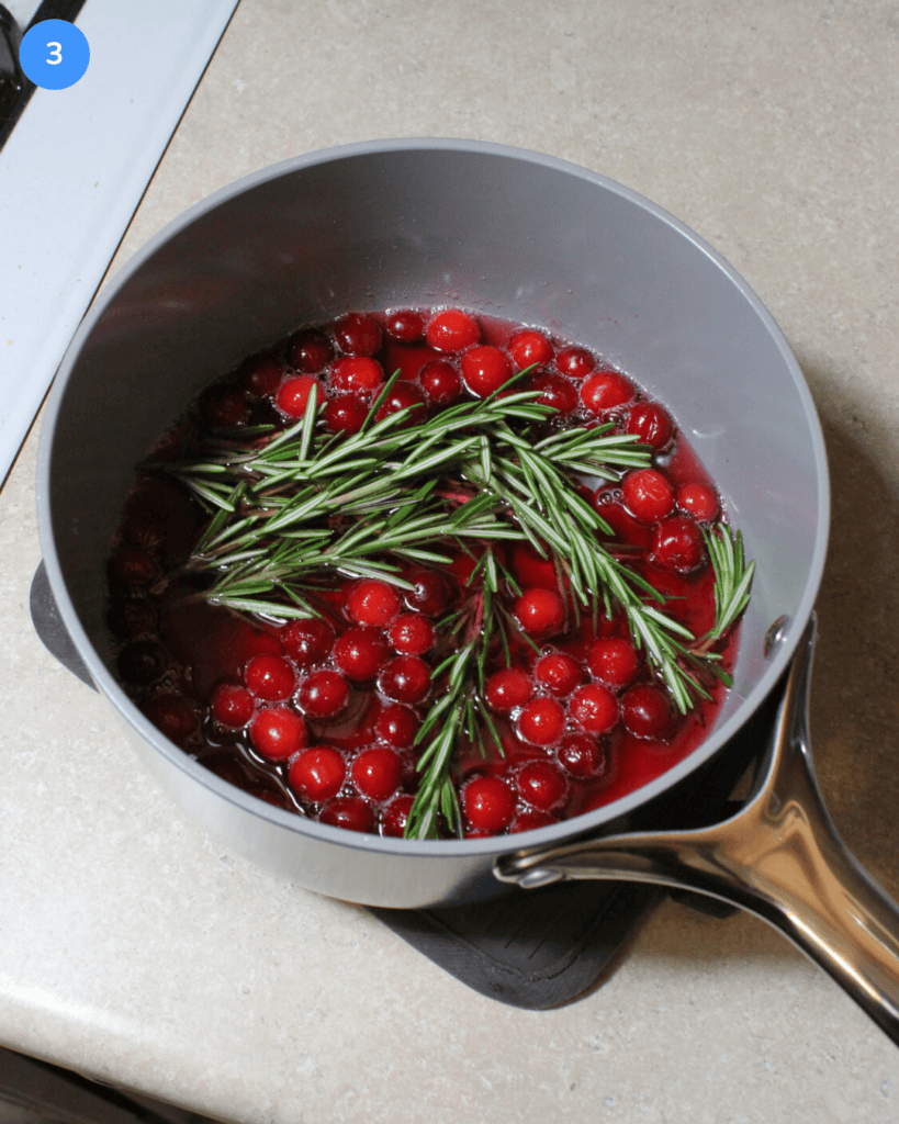 A pot of freshly simmered cranberry rosemary simple syrup.
