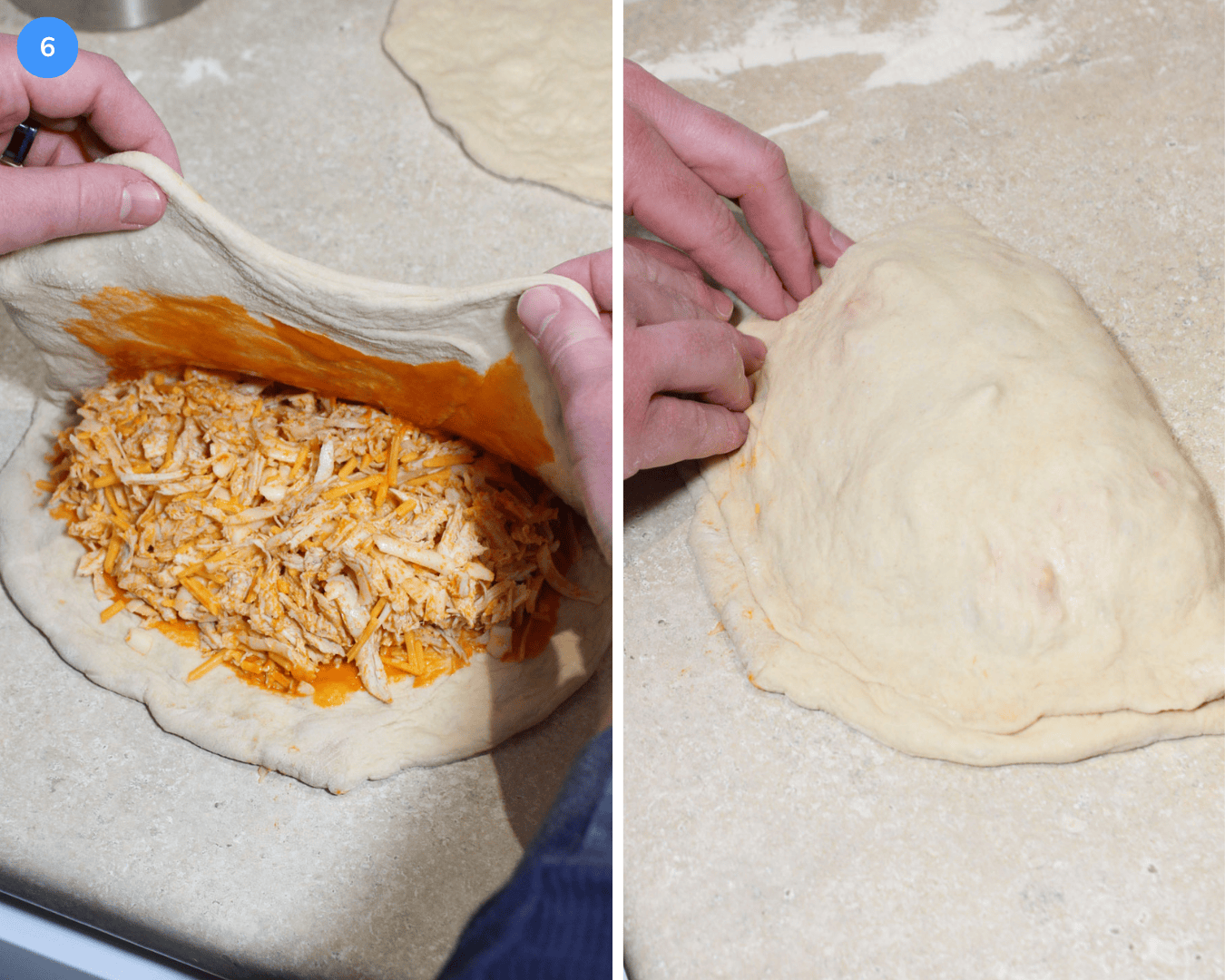 Pizza dough filled with buffalo sauce, buffalo chicken, and cheese being folded over into a calzone half moon shape.