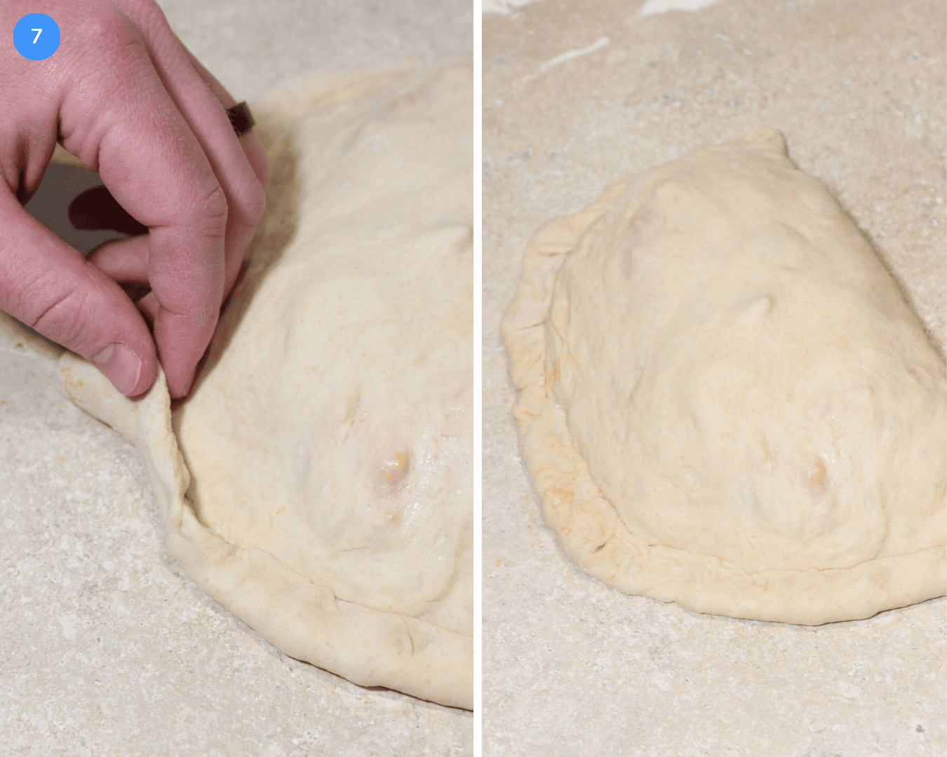 Folding pizza dough into a half moon shape for making a calzone.