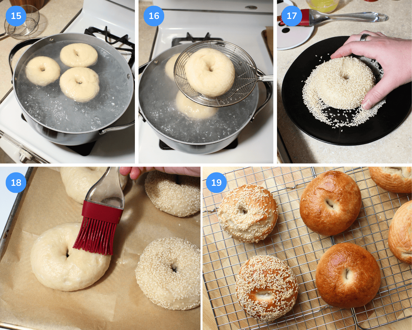 Steps 15 through 19 showing how to boil homemade bagels, add toppings, bake, and cool on a wire rack.