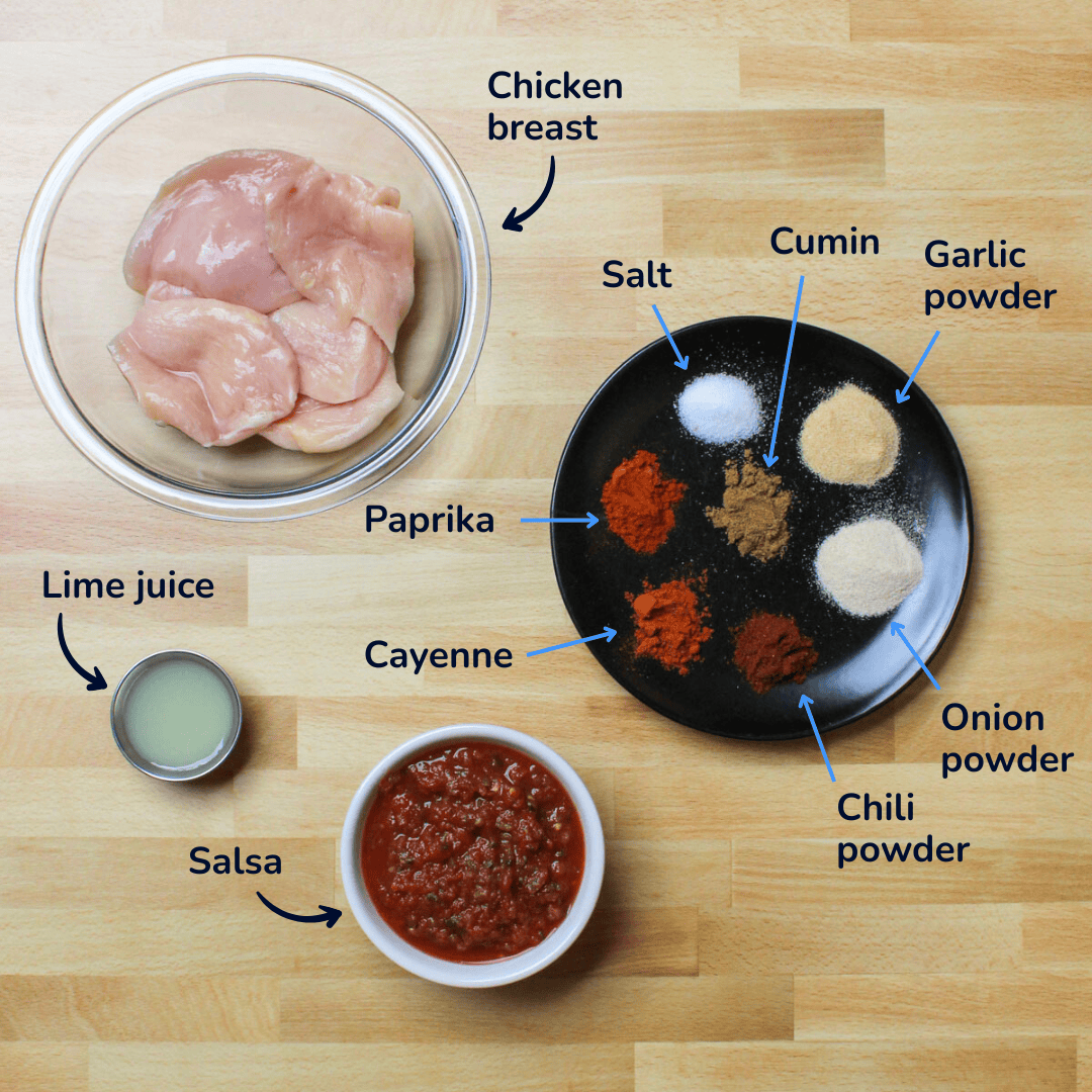 Ingredients for salsa marinated chicken: chicken breast, lime juice, salsa, paprika, cayenne, chili powder, onion powder, garlic powder, cumin, and salt.