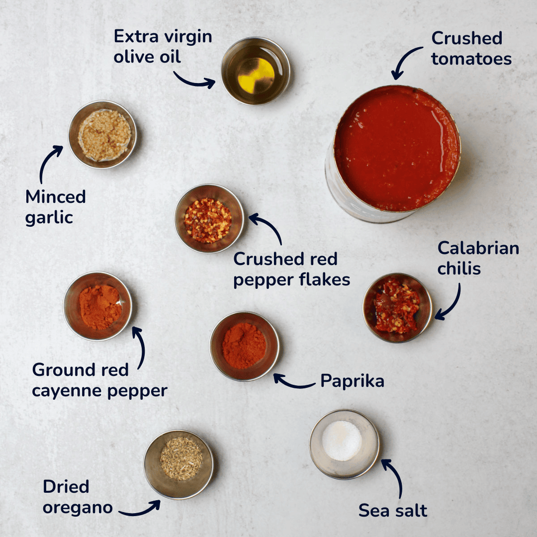 Ingredients for spicy pizza sauce: crushed tomatoes, extra virgin olive oil, minced garlic, crushed red pepper flakes, calabrian chilies, cayenne, paprika, dried oregano, and sea salt.