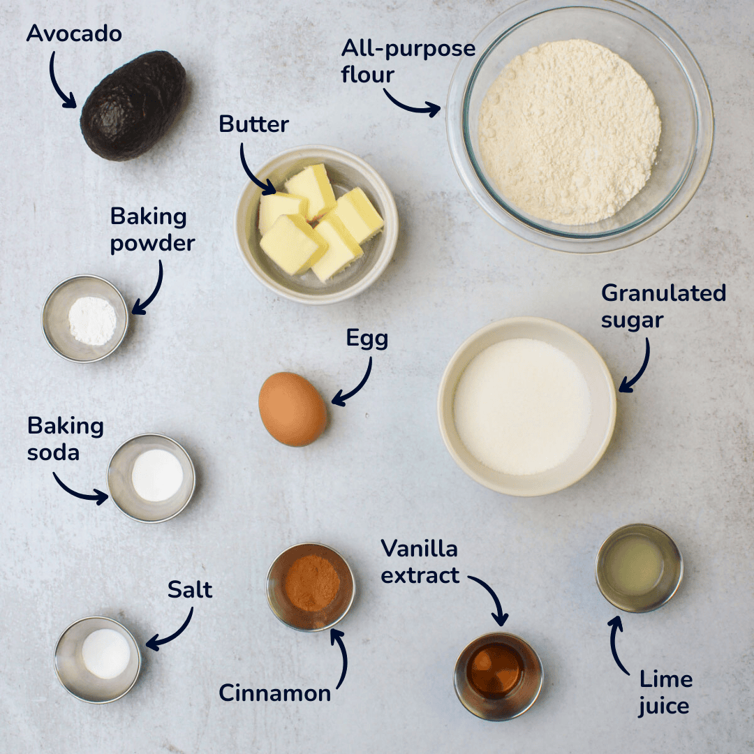 Ingredients for cinnamon avocado bread: avocado, butter, all purpose flour, granulated sugar, egg, baking powder, baking soda, salt, cinnamon, vanilla extract, and lime juice.