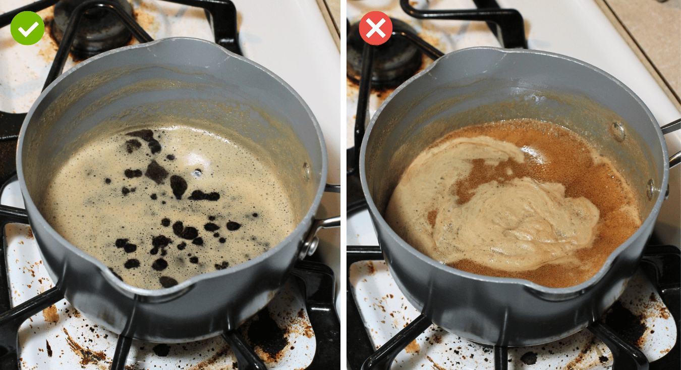 A side by side comparison of what Guinness glaze should look like when simmering on the stove. Light foaming and bubbling is good. Too much frothy bubbling is bad.
