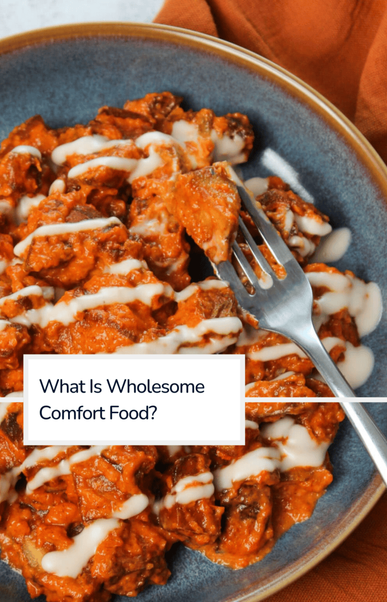 A bowl of freshly made patatas bravas with the title overlaid: what is wholesome comfort food?