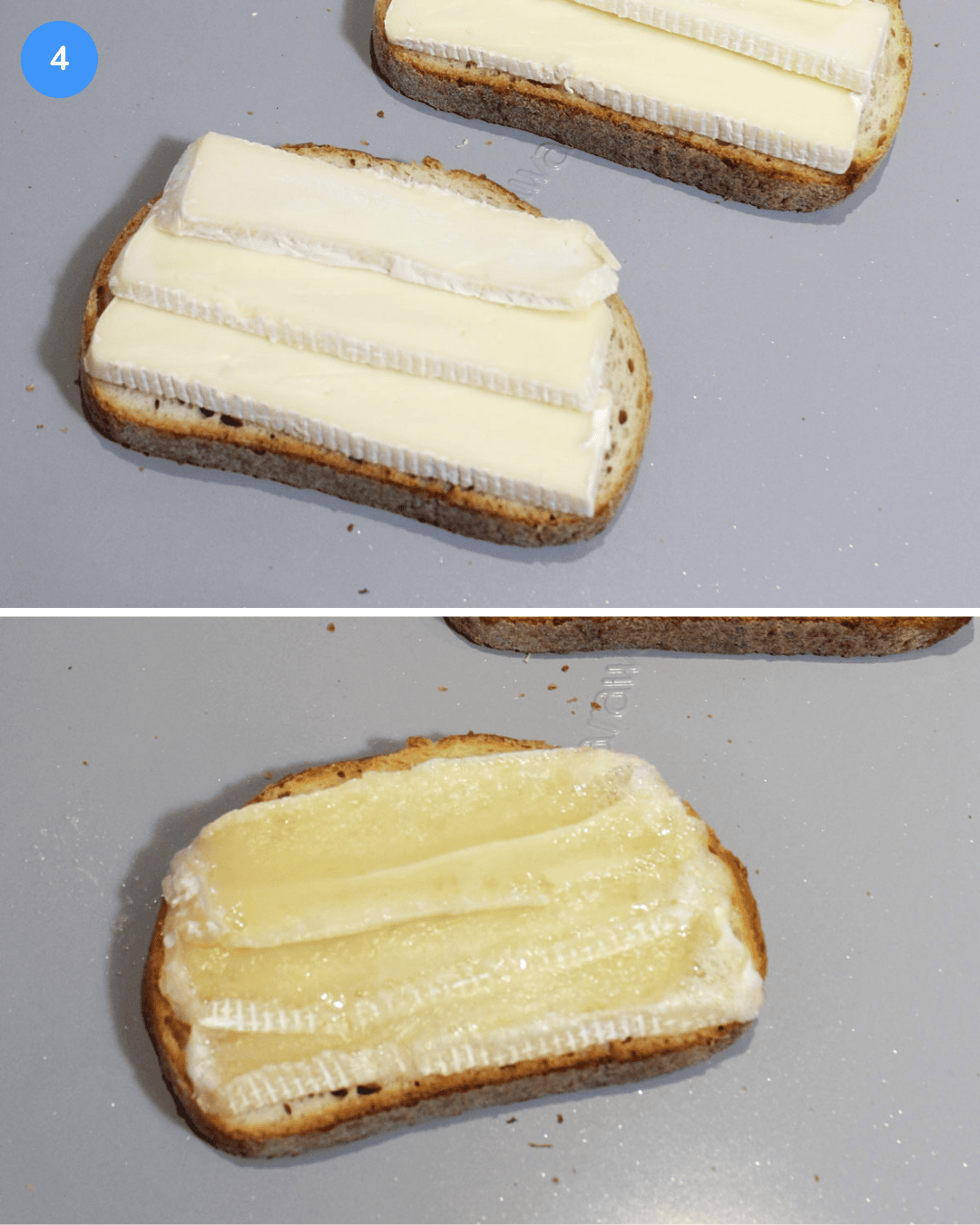 A before and after shot of sliced brie cheese on a piece of Italian bread, before and after baking.