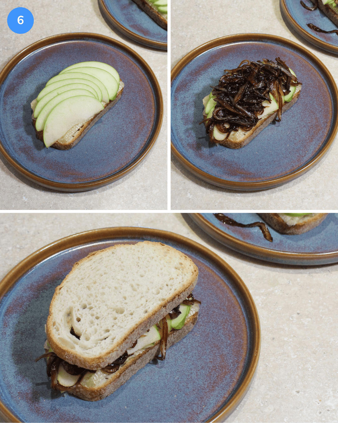 Three pictures showing how to assemble apple brie sandwiches: first add a layer of sliced green apple on top of the melted brie, then add caramelized balsamic onions, then close the sandwich.