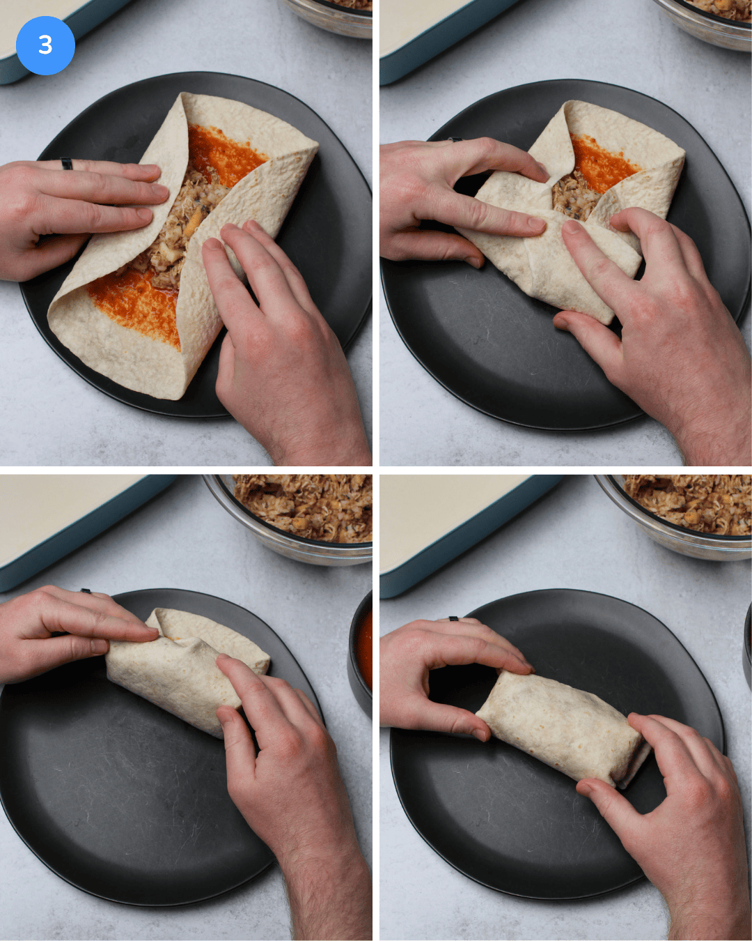 The steps of rolling a burrito: folding the ends in, pressing it closed, and rolling it over.