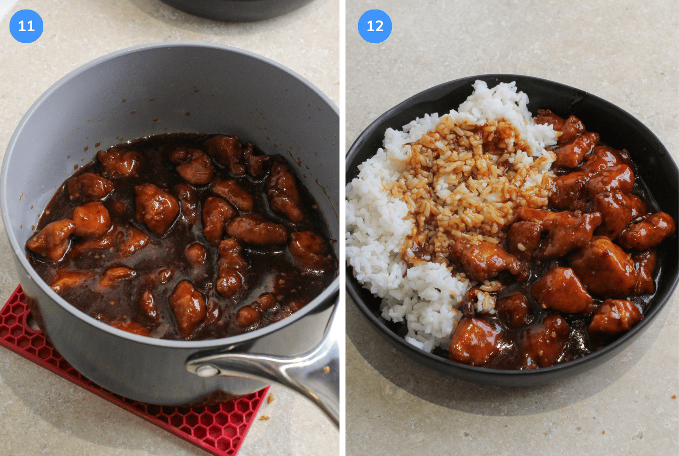 How to make general tso's chicken, steps 11 and 12 showing the chicken mixed into the sauce in a ceramic pot, and a plate of general tso's with white rice.