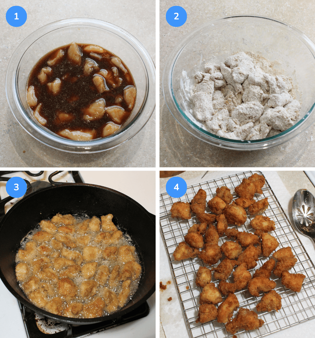 How to make general tso's chicken, steps 1 through 4 showing how to marinate the chicken, dredge in flour, fry in a cast iron pan, and drain on a wire rack.