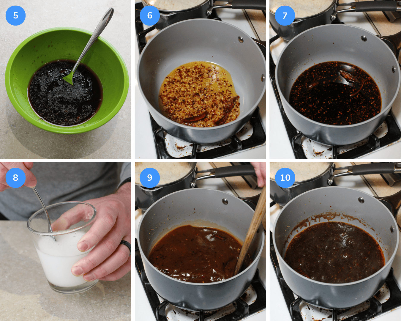 How to make general tso's chicken, steps 5 thru 10 showing how to make the sauce in a pot on the stove.