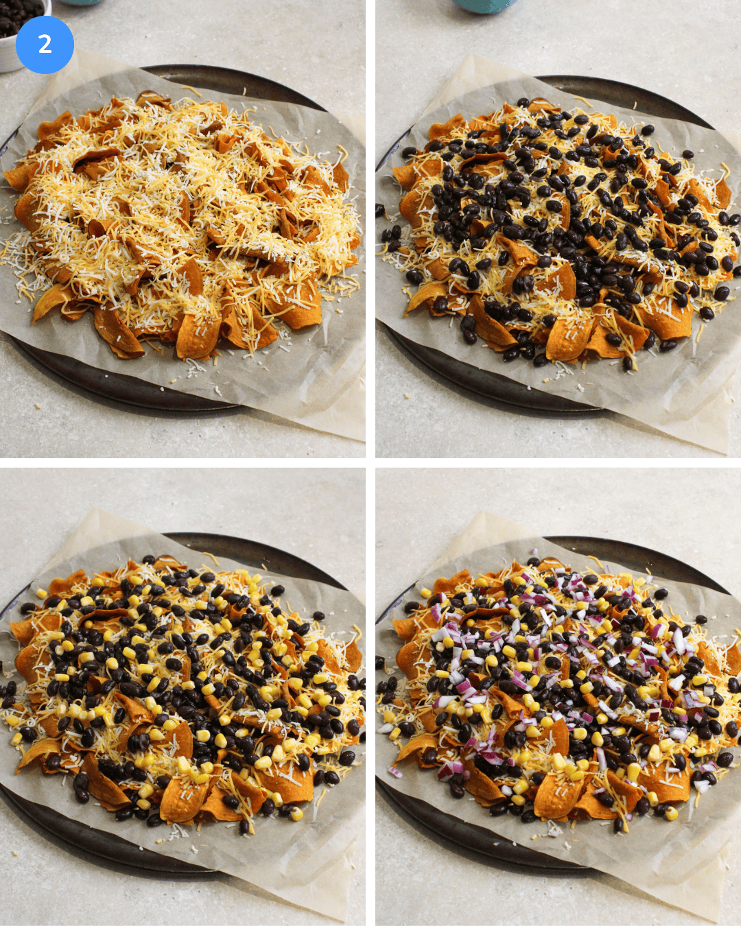 4 images showing how to assemble sweet potato nachos: chips, cheese, black beans, corn, red onion.