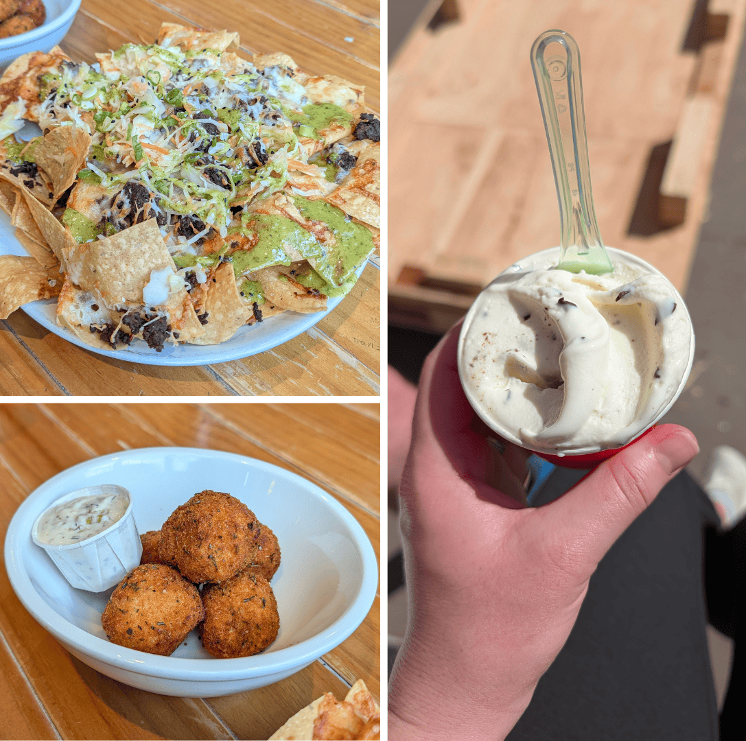 A collage of food: Korean beef nachos, arancini, and straciatella gelato.