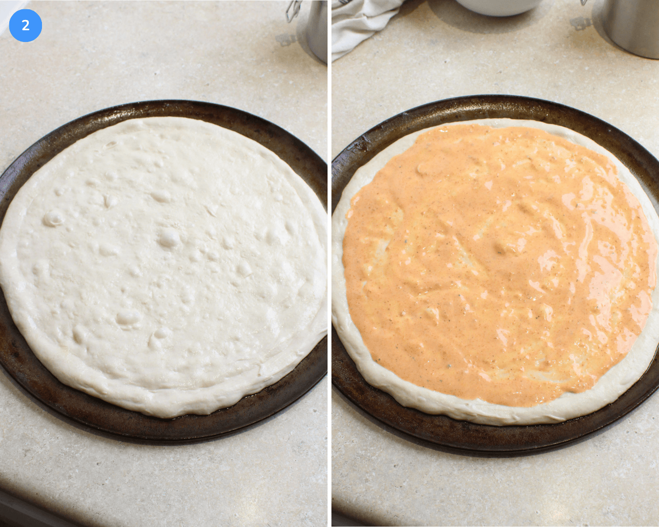 Two photos showing freshly stretched pizza dough on a round pan, with and without a creamy ranchero sauce.