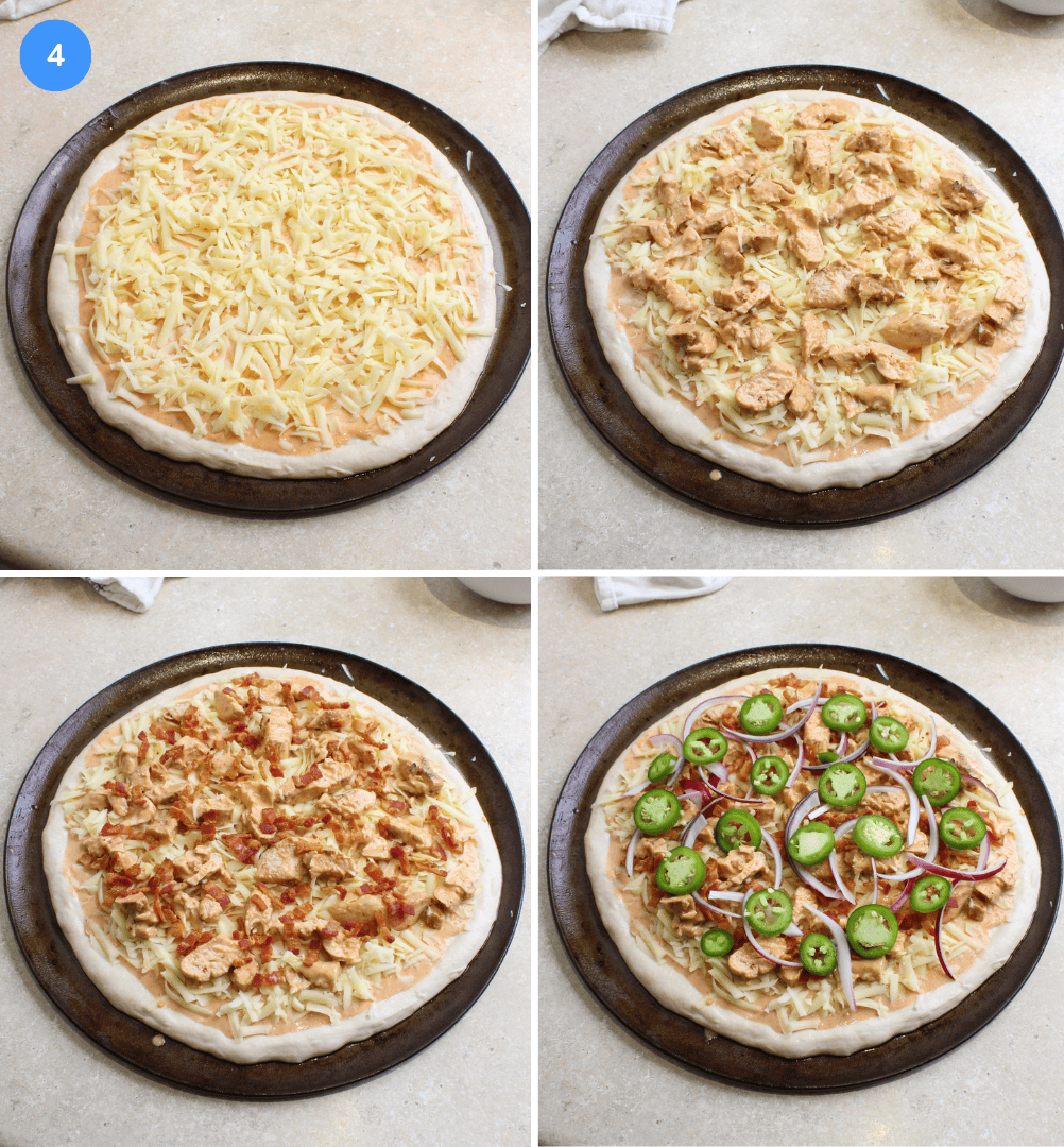 Steps showing how to assemble a spicy chicken bacon ranch pizza: add the sauce, cheese, chicken, bacon, jalapeno wheels, and sliced red onion.