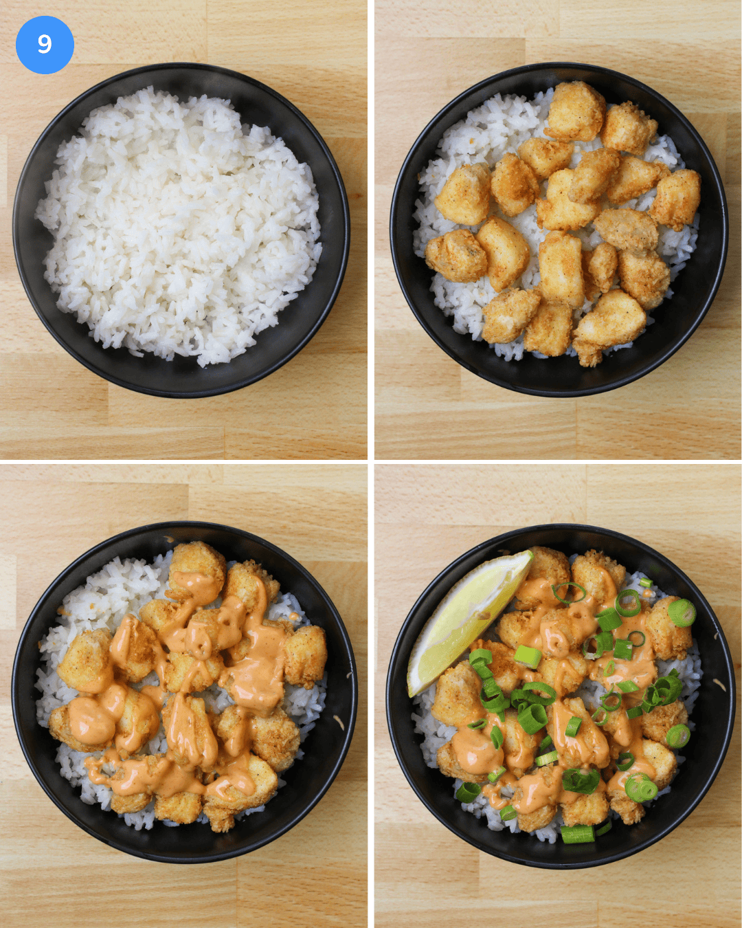 A collage showing how to assemble fried fish rice bowls: plate a bed of rice, top with fried cod, drizzle with sriracha aioli, then garnish with scallions and a lemon wedge.