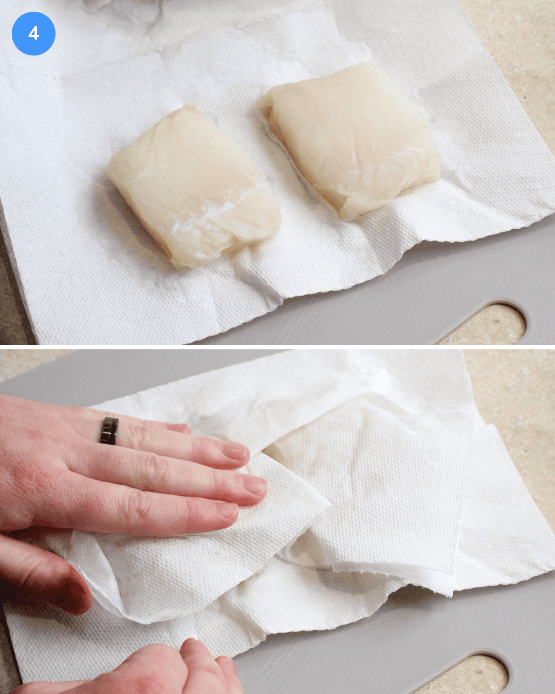 Step 4 of making fried fish tacos. Cod fillets being dried off with a paper towel.