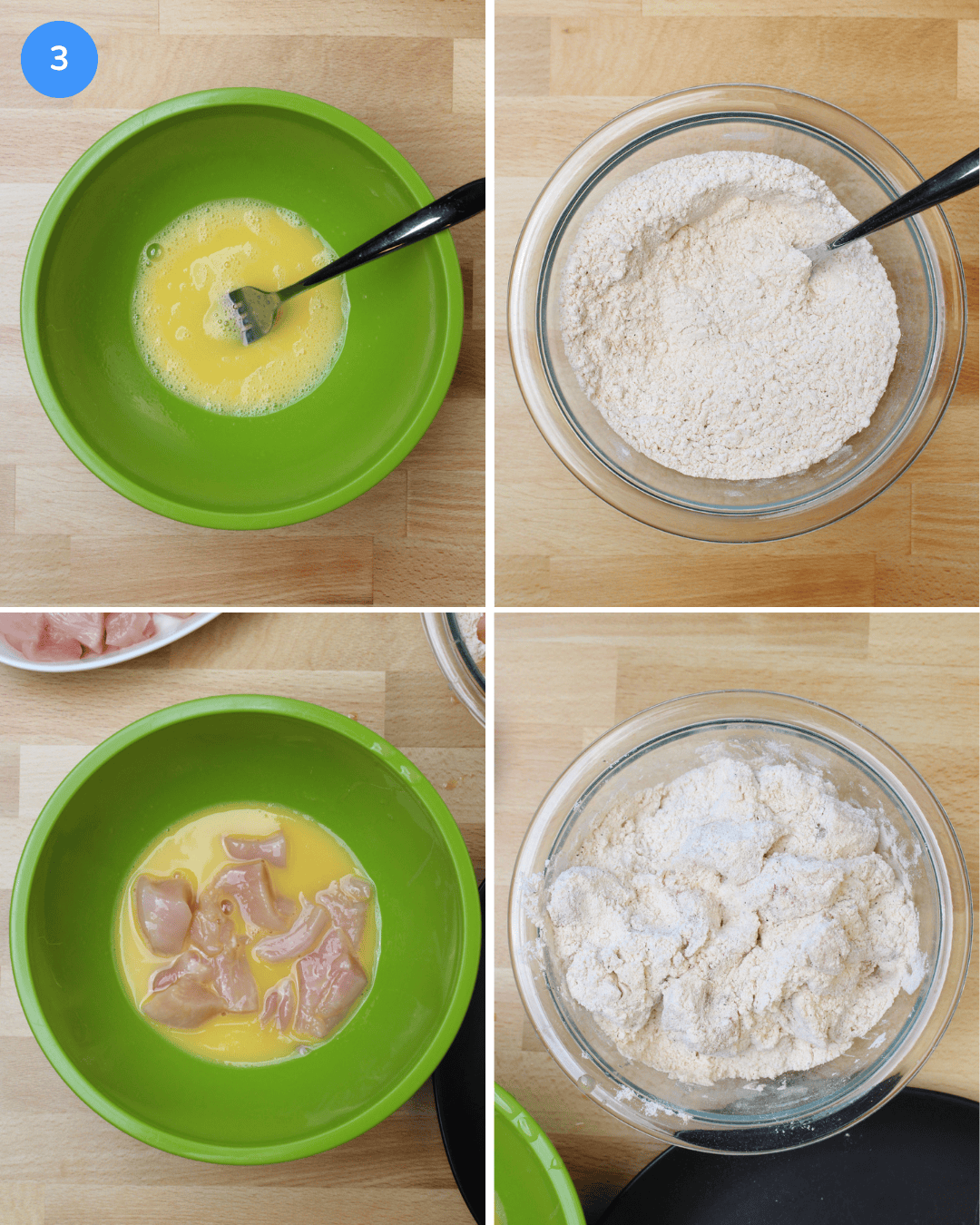 Step 3 of crispy chicken rice bowls. A collage showing how to dredge chicken breast in egg and a seasoned flour mixture.