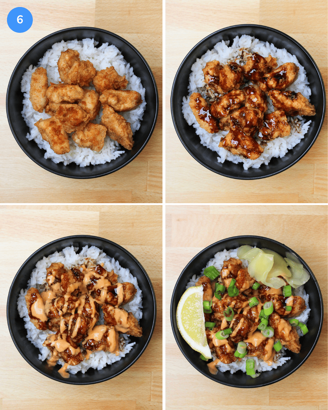Step 6 of crispy chicken rice bowls. A collage showing how to assemble a crispy chicken rice bowl: rice, chicken, sesame soy glaze, sriracha aioli, scallions, pickled ginger, and lemon wedge.