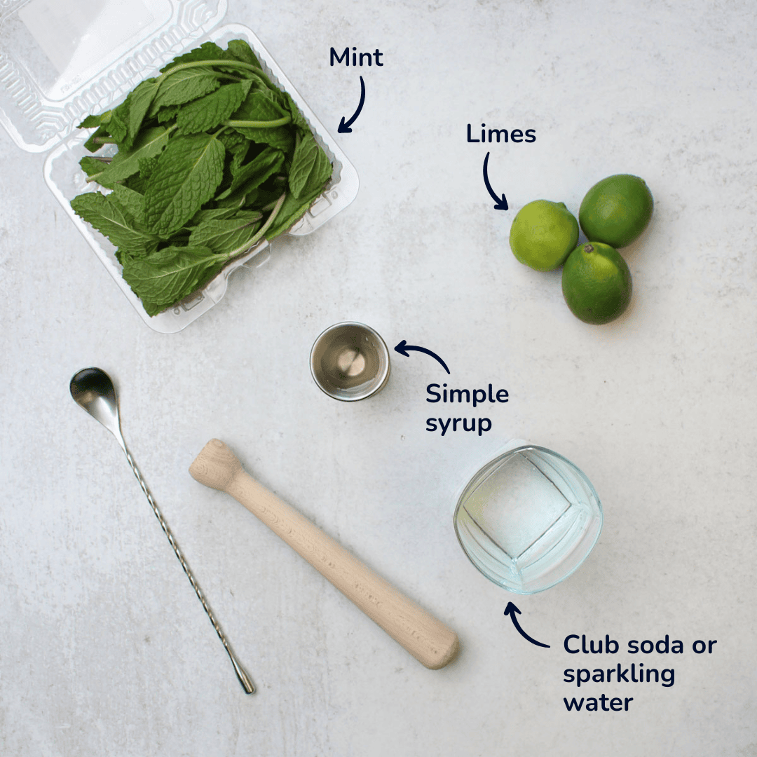 Ingredients for making mojito mocktails: fresh mint, limes, simple syrup, and club soda or sparkling water.