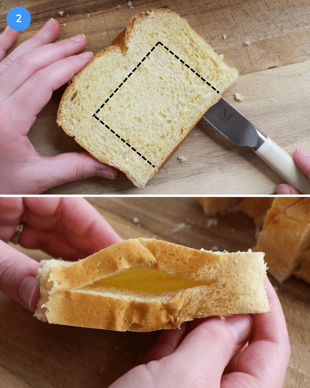 Steps showing how to cut a pocket into a slice of brioche bread for stuffing it.